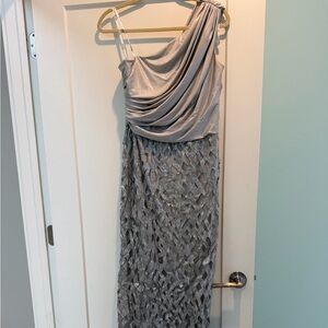 Tadashi Shoji One-Shoulder Silver Gray Draped Gown